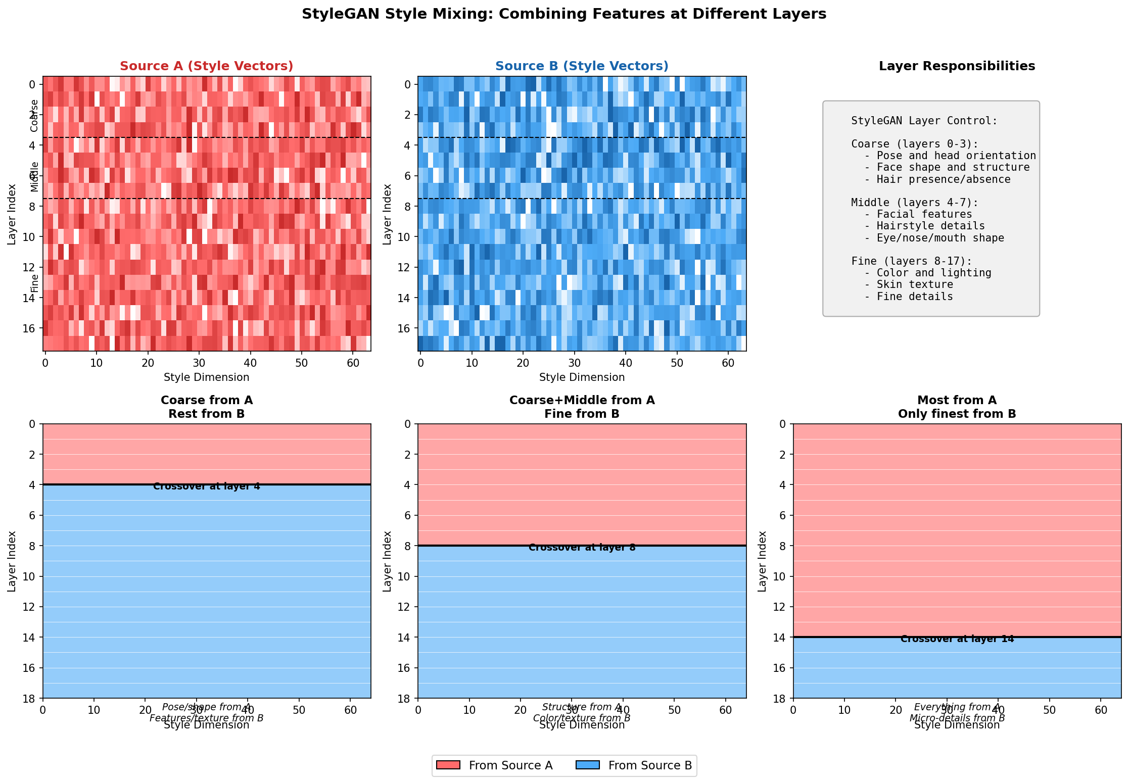 A 4x4 grid demonstrating style mixing between two source latent vectors with different crossover layers, showing how coarse features come from one source and fine features from the other