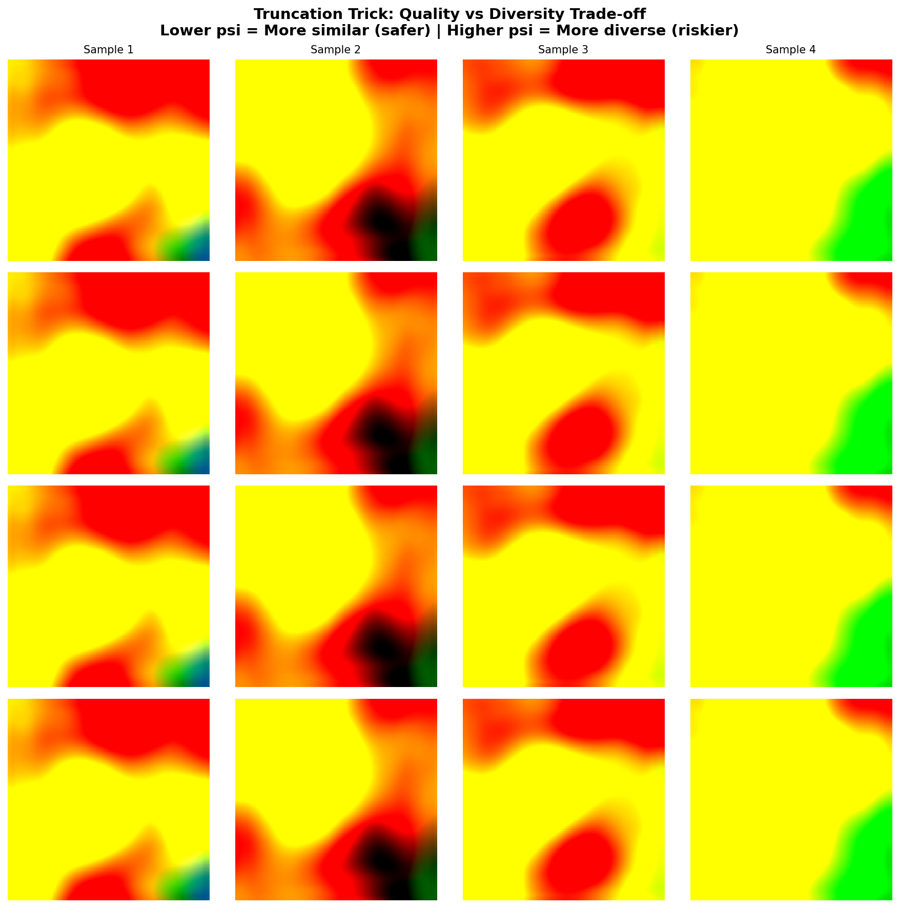 A 4x4 grid of generated fabric patterns at truncation values 0.3, 0.5, 0.7, and 1.0 showing decreasing diversity and increasing consistency as psi decreases