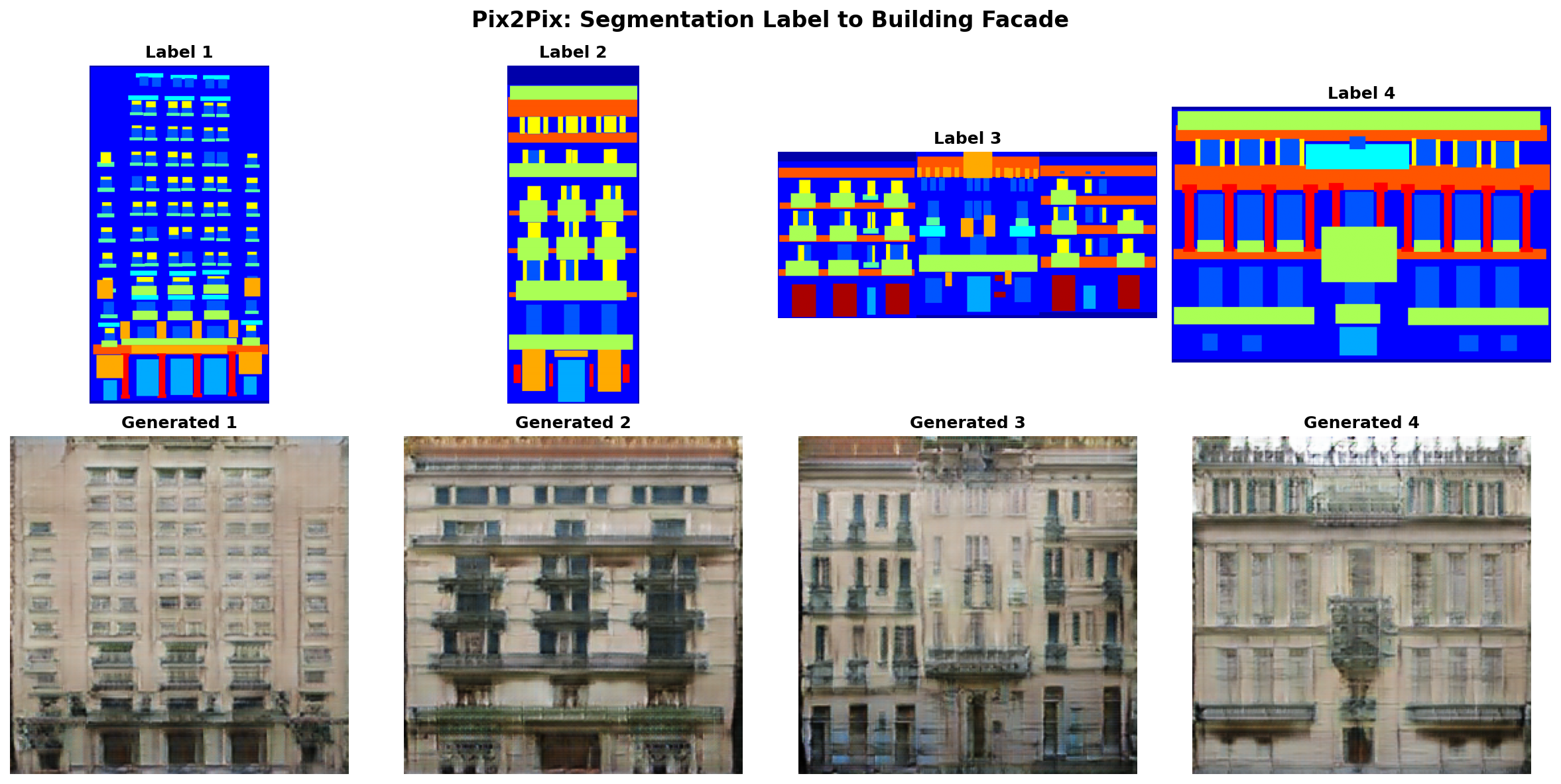 A grid of facade segmentation labels paired with their generated photorealistic building photos