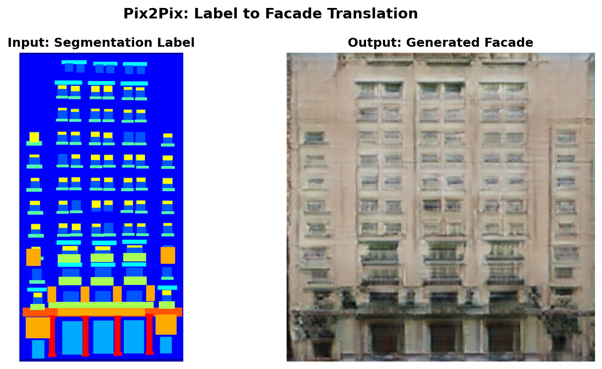 A photorealistic building facade generated from a coloured segmentation label, showing walls, windows, and doors in plausible textures
