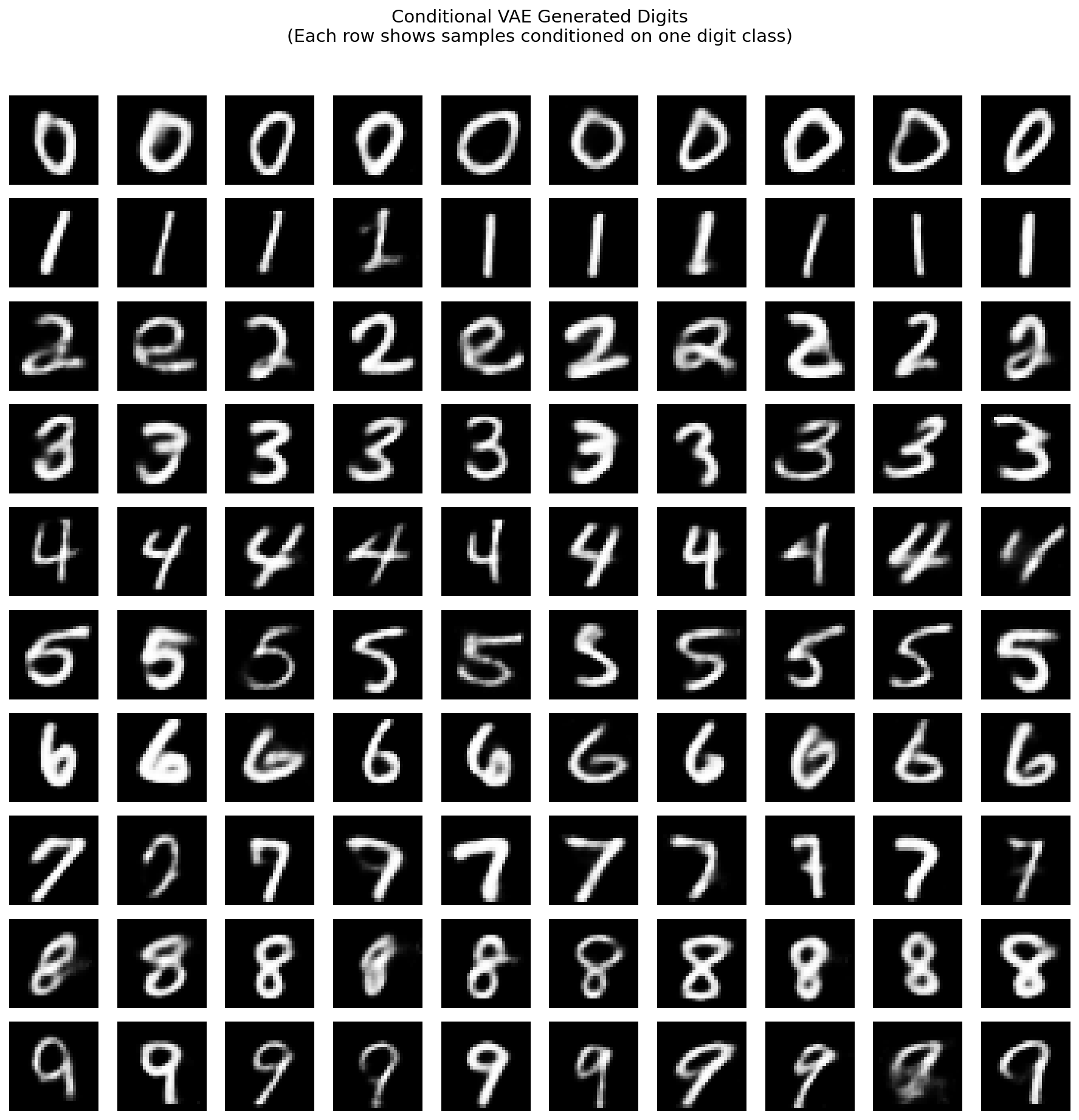 A 10x10 grid of MNIST-style handwritten digits generated by the CVAE, one row per digit class from 0 to 9