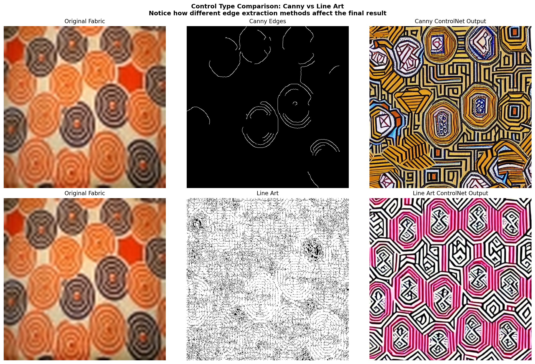 Three rows showing the same input image conditioned on Canny edges, line art, and scribble respectively, producing three different generated outputs reflecting the granularity of each control input