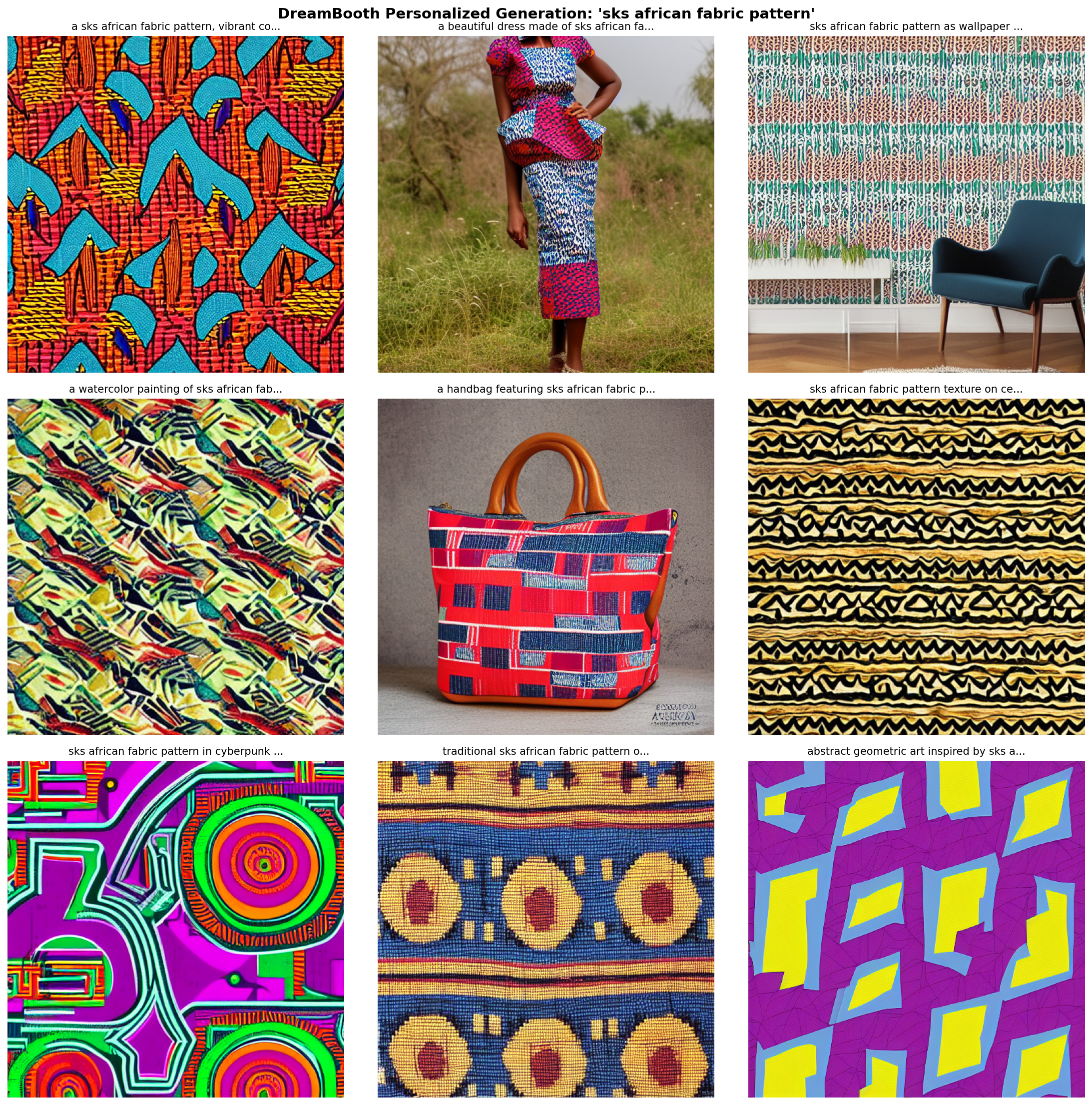 A 3x3 grid of African fabric patterns rendered as dresses, wallpapers, and abstract art, all sharing a recognisable visual style learned from 10 training images