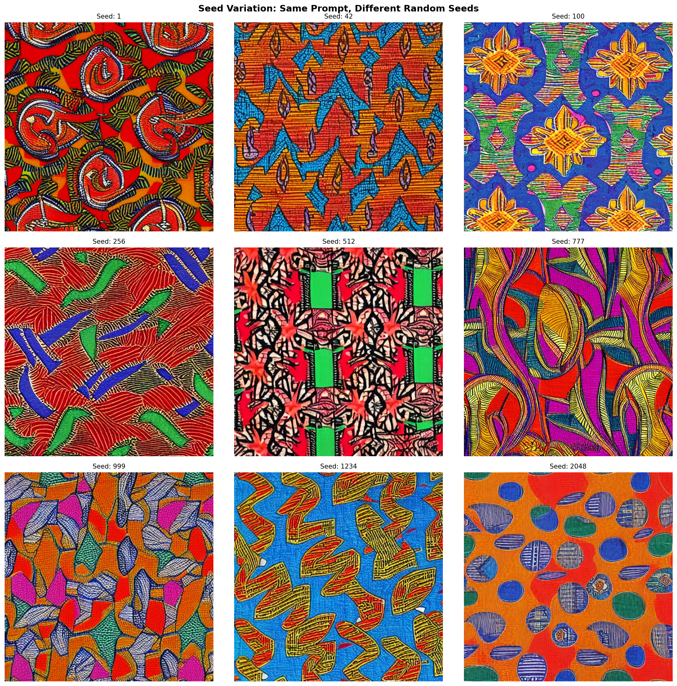 Six generated images of the same prompt with different random seeds, showing variation in composition while preserving the learned fabric style