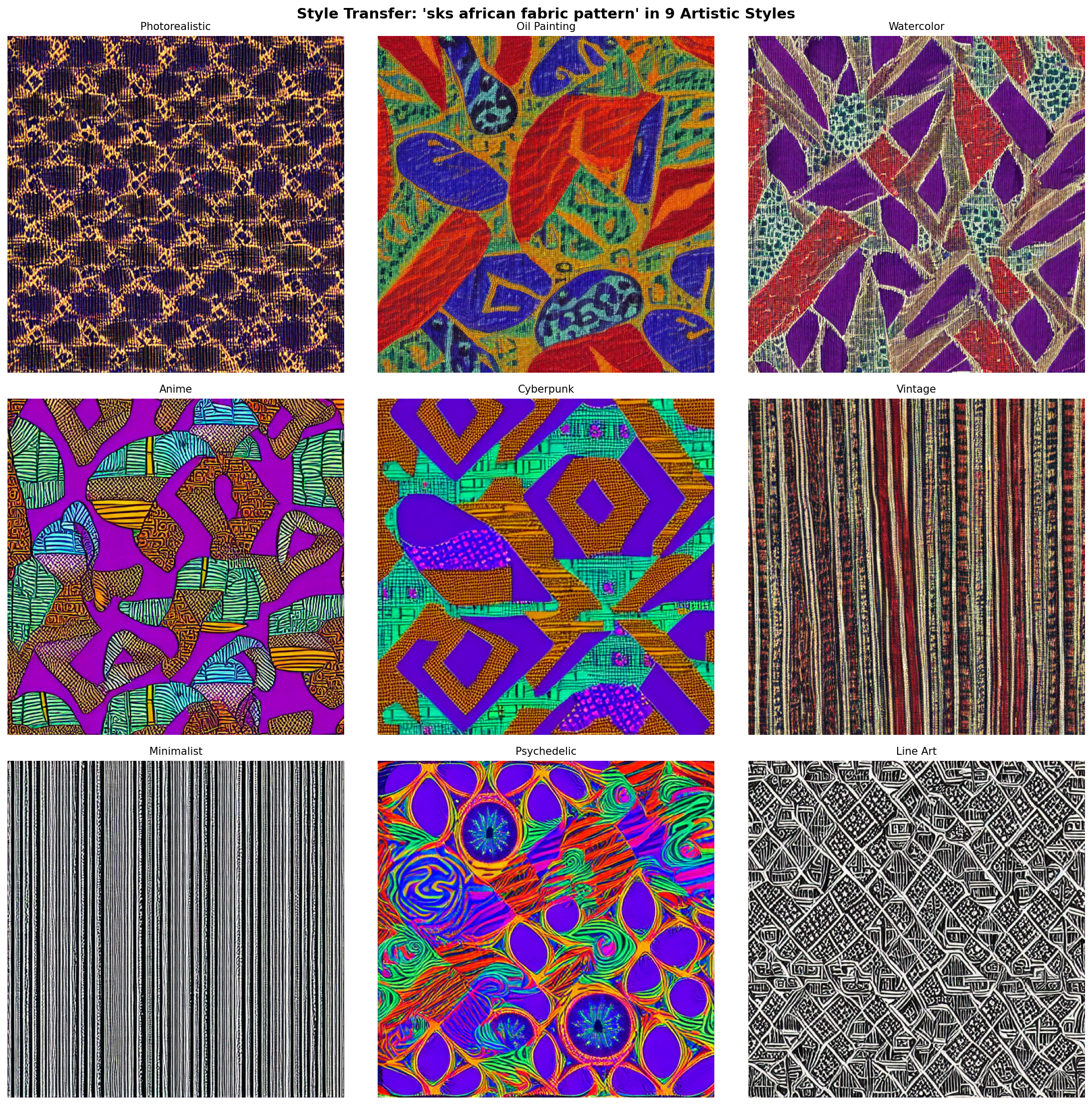 A 3x3 grid of the learned fabric pattern rendered in nine different artistic styles