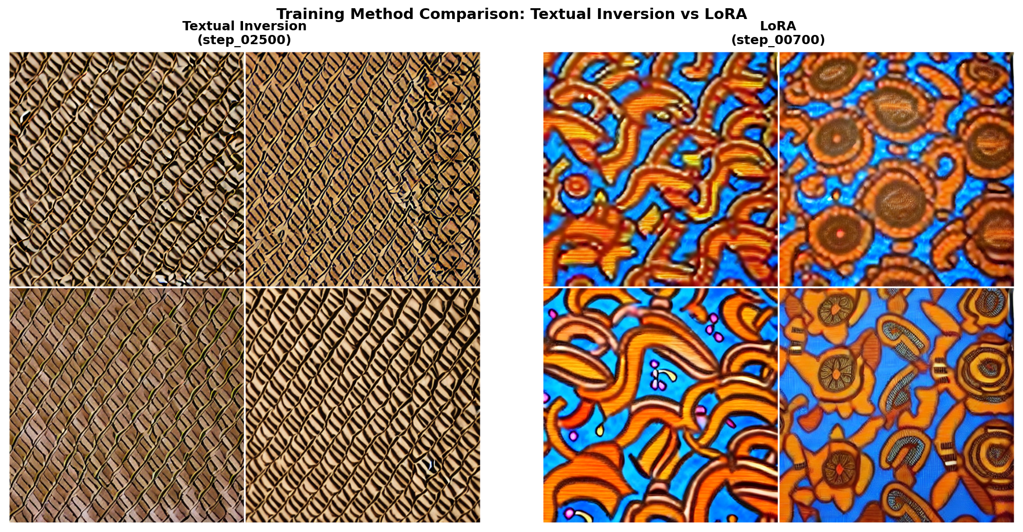 Side-by-side comparison of generated images from Textual Inversion training versus LoRA training, with LoRA showing visibly sharper subject details